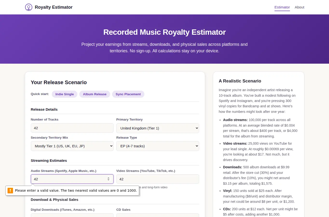 Screenshot of Recorded Music Royalty Estimator interface showing the project page in use
